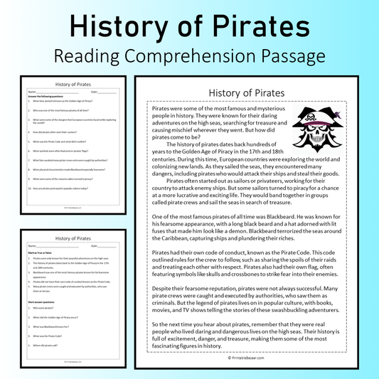 History of Pirates | Reading Comprehension Passage Printable Worksheet