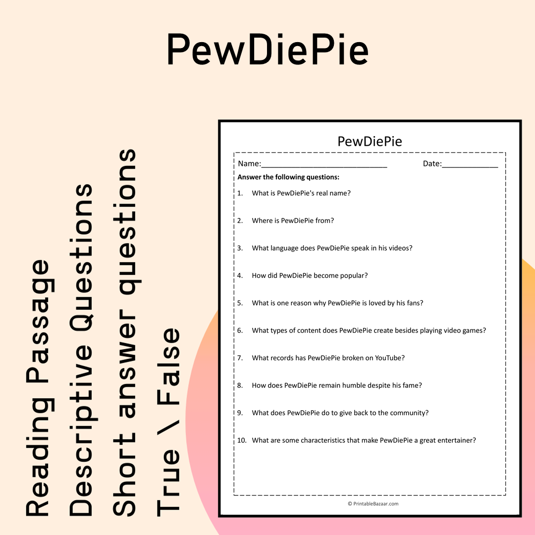 PewDiePie | Reading Comprehension Passage Printable Activity