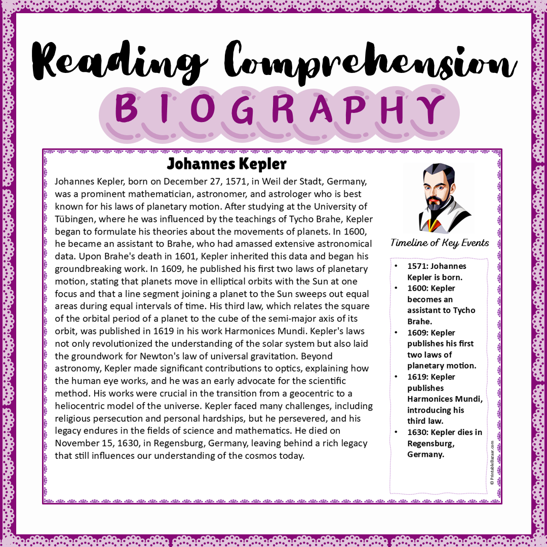 Johannes Kepler | Biography Reading Comprehension and Questions Worksheet