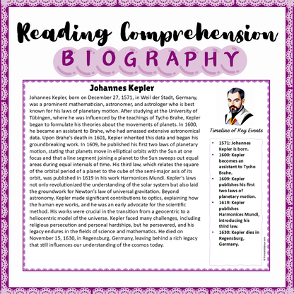 Johannes Kepler | Biography Reading Comprehension and Questions Worksheet