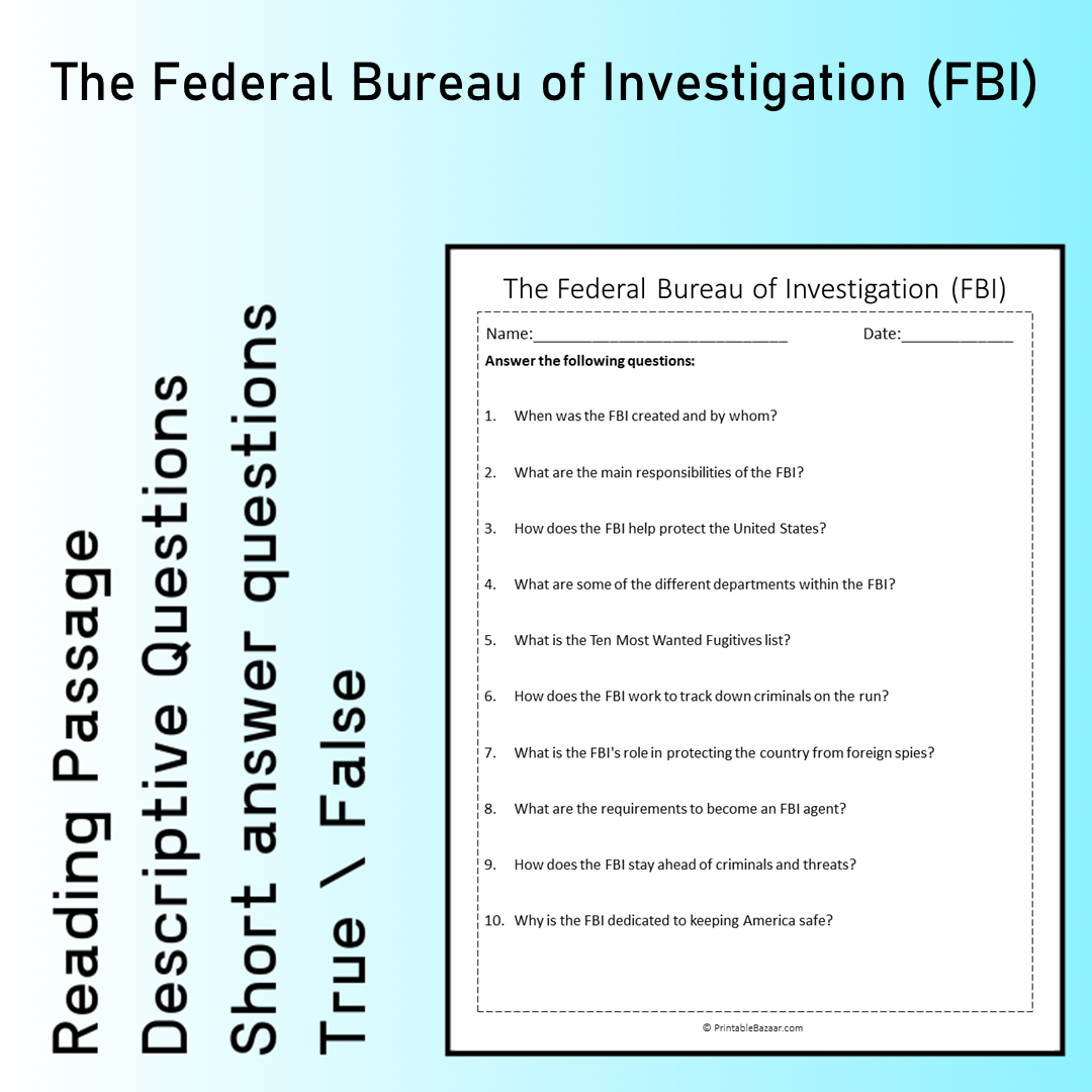 The Federal Bureau of Investigation (FBI) | Reading Comprehension Passage Printable Worksheet