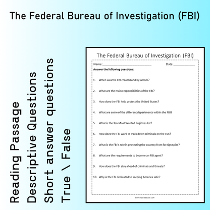 The Federal Bureau of Investigation (FBI) | Reading Comprehension Passage Printable Worksheet