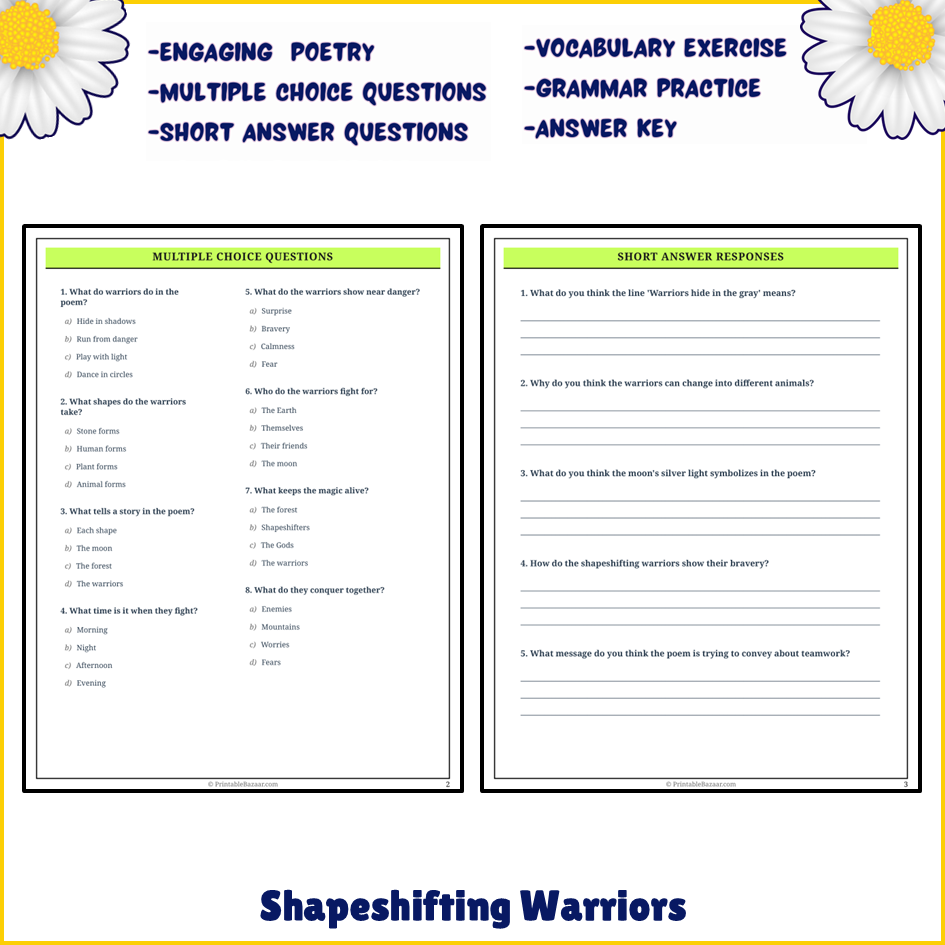 Shapeshifting Warriors | Poem Grammar Worksheet Printable Activity