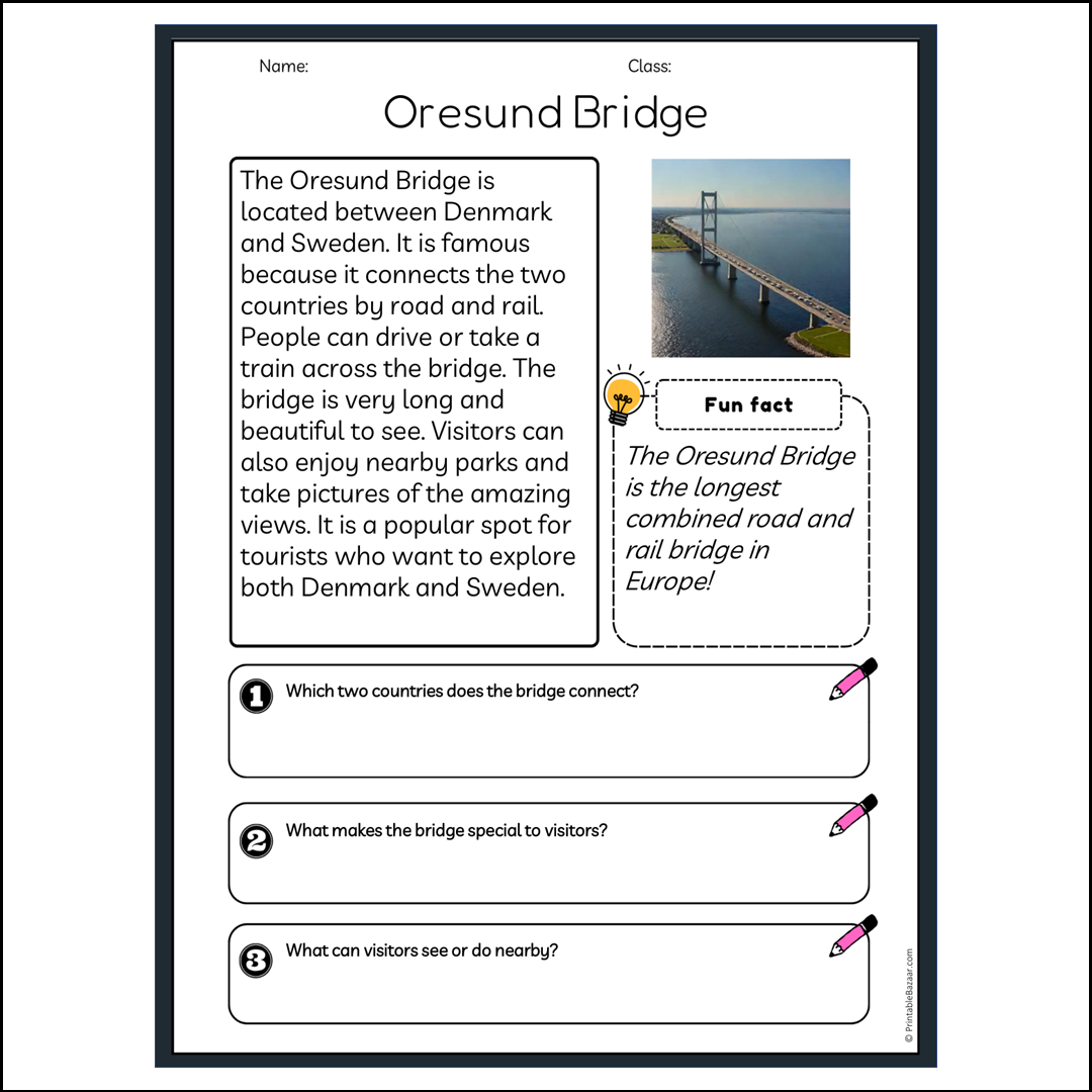 Oresund Bridge | Reading Passage Comprehension Questions Writing Facts Worksheet