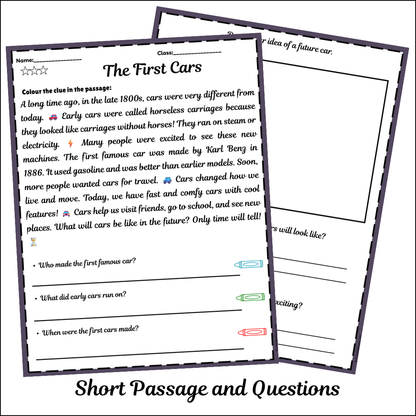 The First Cars | Short Reading Comprehension Creative Worksheet