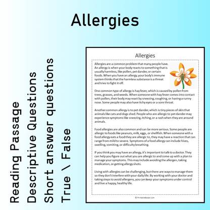 Allergies | Reading Comprehension Passage Printable Worksheet