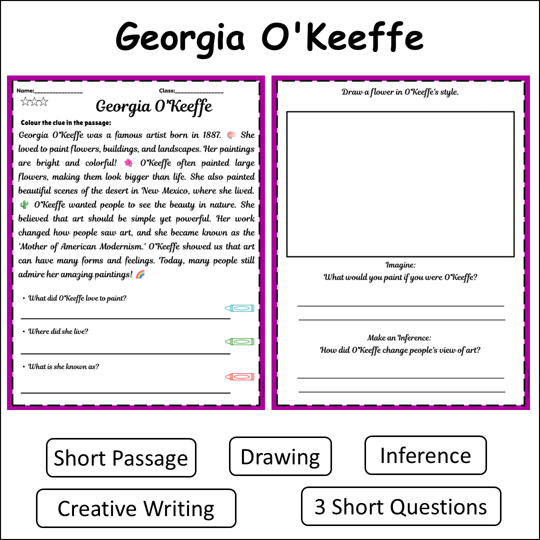 Georgia O'Keeffe | Short Reading Comprehension Creative Worksheet