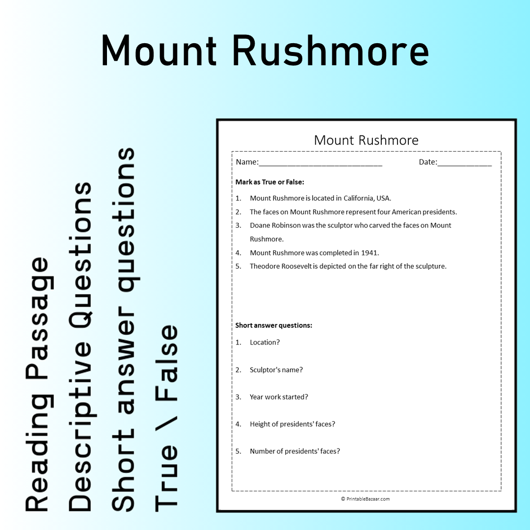 Mount Rushmore | Reading Comprehension Passage Printable Worksheet