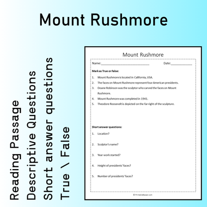 Mount Rushmore | Reading Comprehension Passage Printable Worksheet