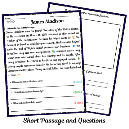 James Madison | Short Reading Comprehension Creative Worksheet