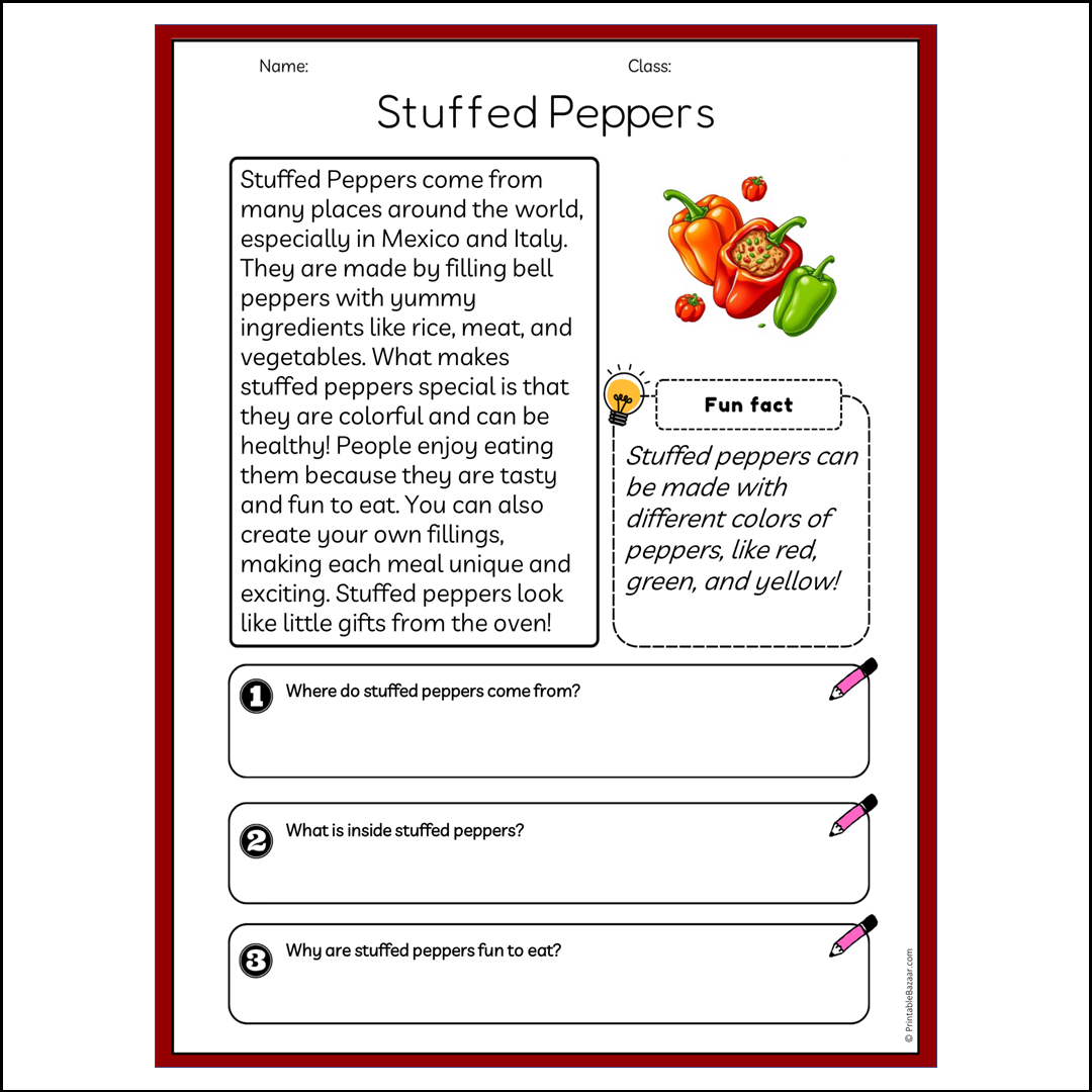 Stuffed Peppers | Reading Passage Comprehension Questions Writing Facts Worksheet