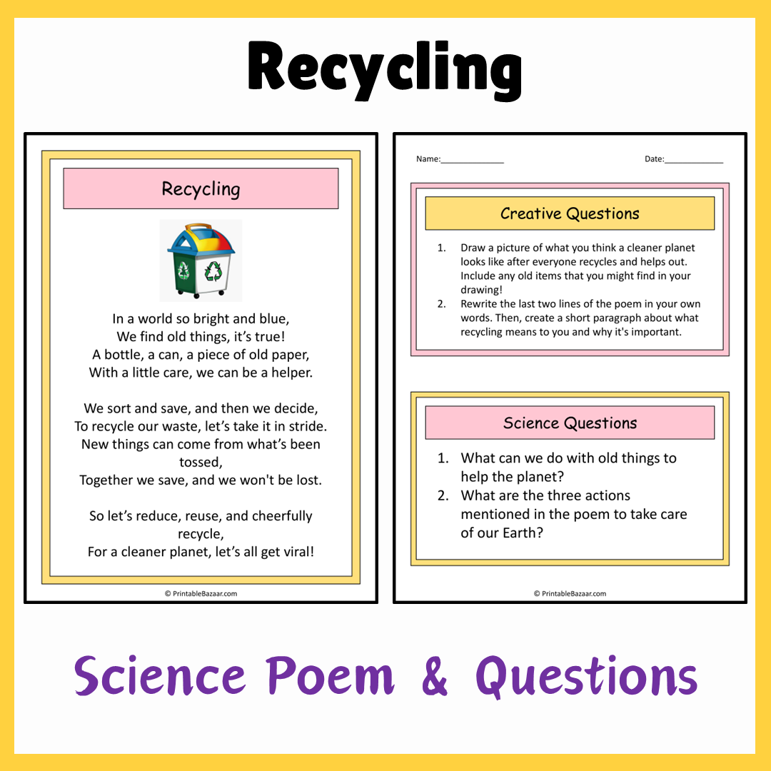 Recycling | Science Poem Reading Comprehension Activity