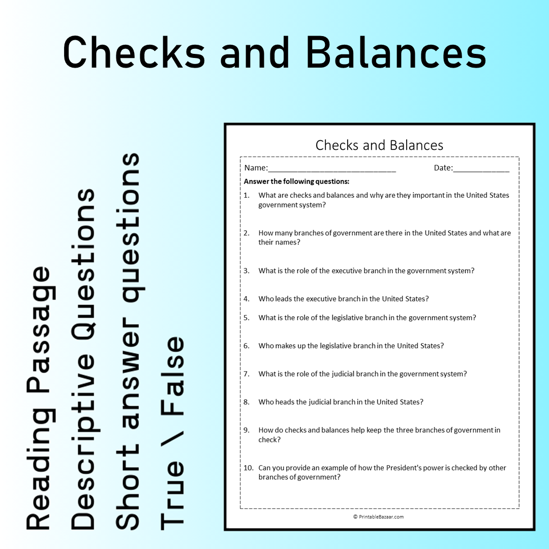 Checks and Balances | Reading Comprehension Passage Printable Worksheet