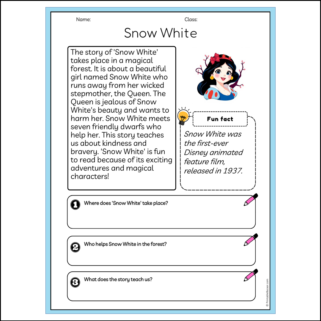 Snow White | Reading Passage Comprehension Questions Writing Facts Worksheet