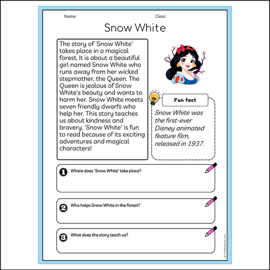 Snow White | Reading Passage Comprehension Questions Writing Facts Worksheet