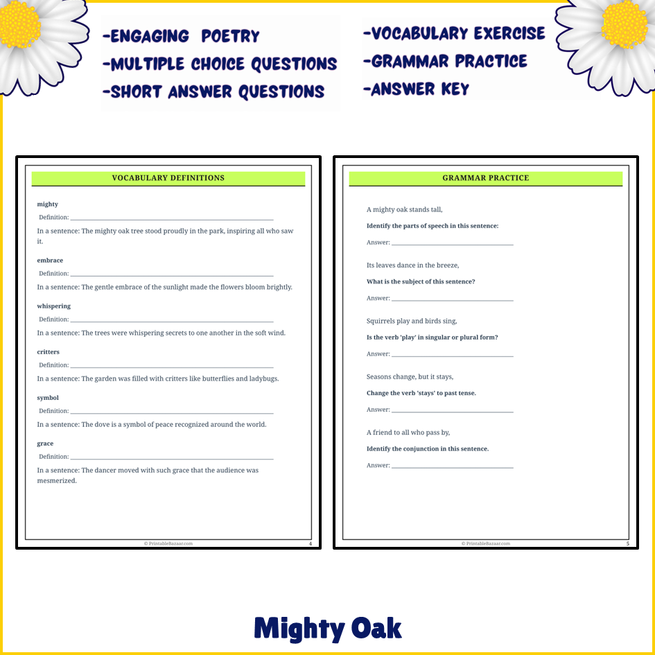 Mighty Oak | Poem Grammar Worksheet Printable Activity