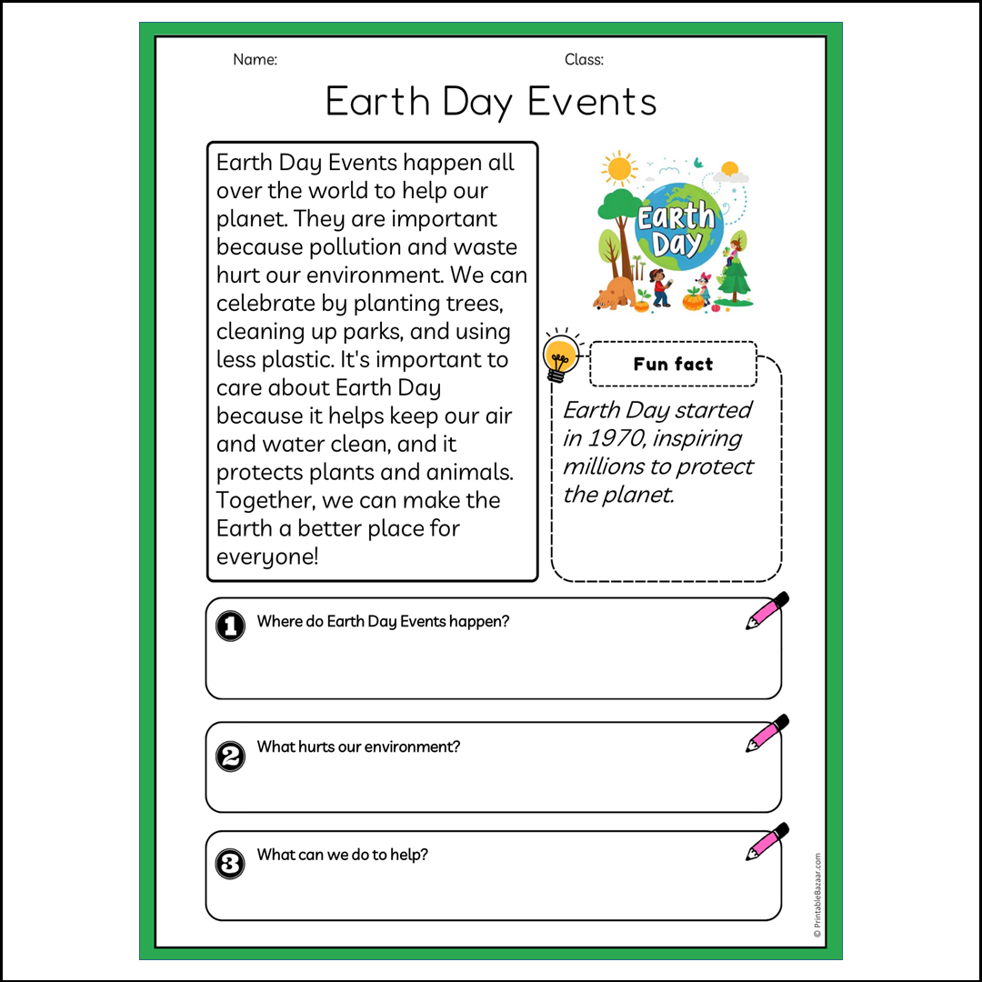 Earth Day Events | Reading Passage Comprehension Questions Writing Facts Worksheet