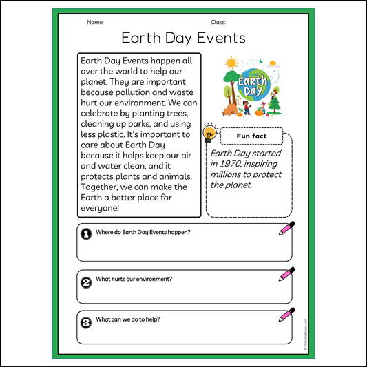 Earth Day Events | Reading Passage Comprehension Questions Writing Facts Worksheet