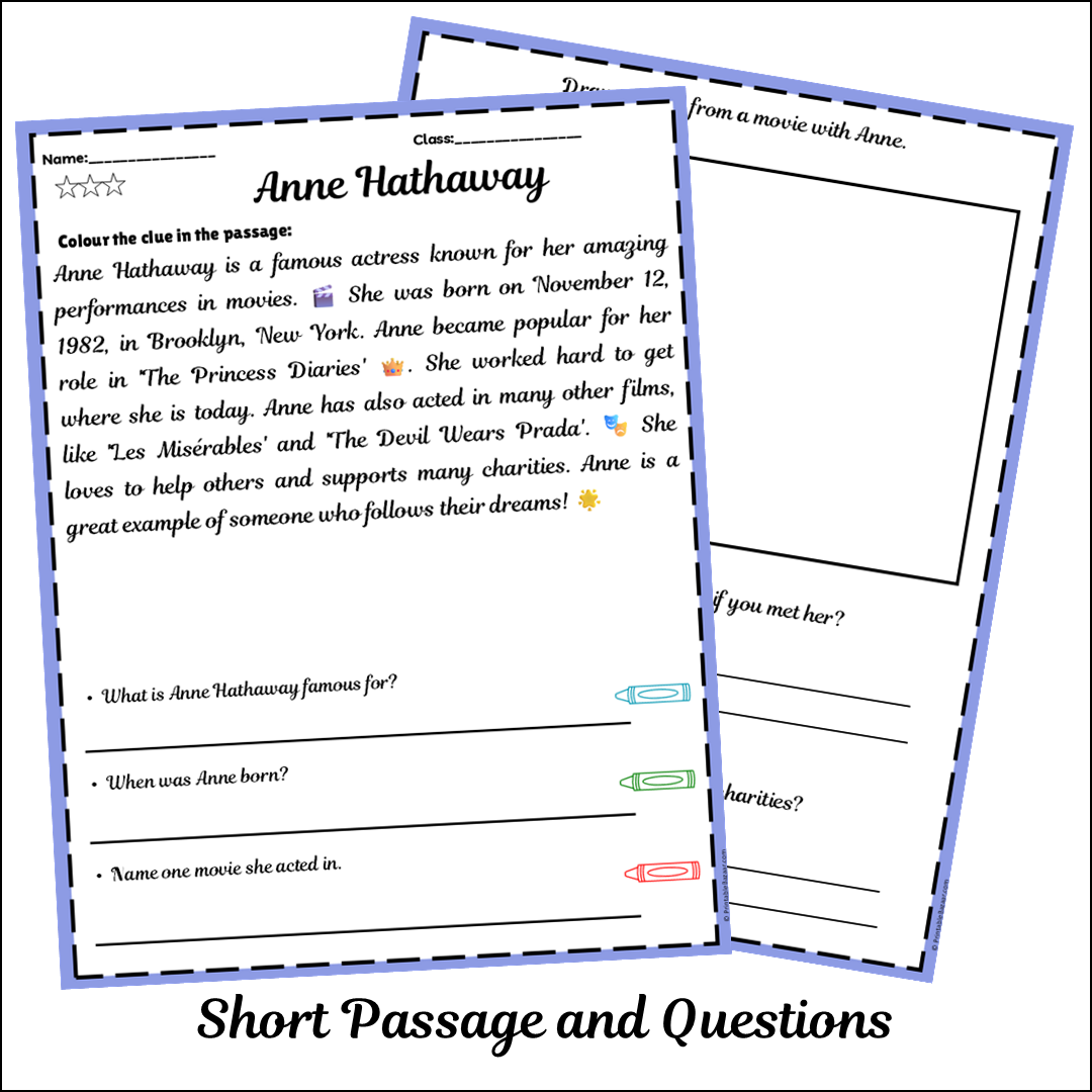 Anne Hathaway | Short Reading Comprehension Creative Worksheet