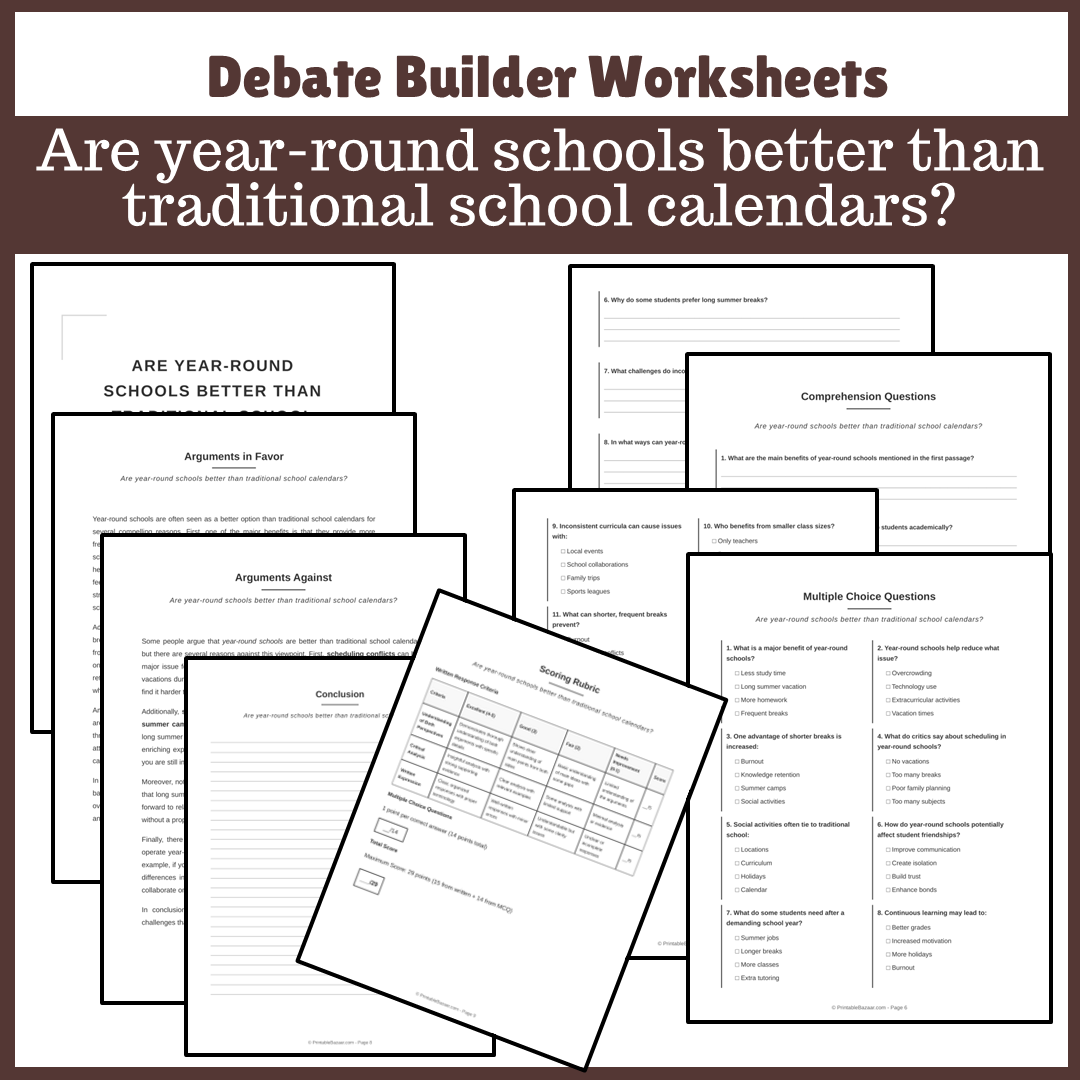 Are year-round schools better than traditional school calendars? | Favour and Against Worksheet Printable Activity