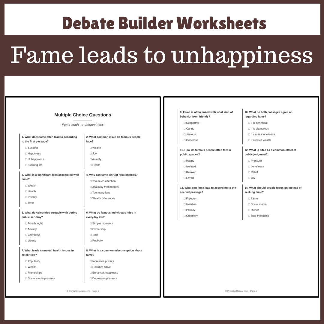 Fame leads to unhappiness | Favour and Against Worksheet Printable Activity