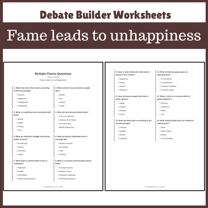 Fame leads to unhappiness | Favour and Against Worksheet Printable Activity