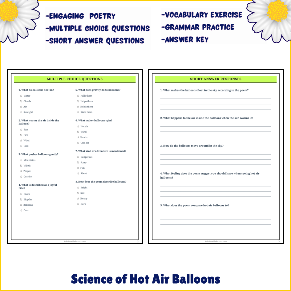 Science of Hot Air Balloons | Poem Grammar Worksheet Printable Activity