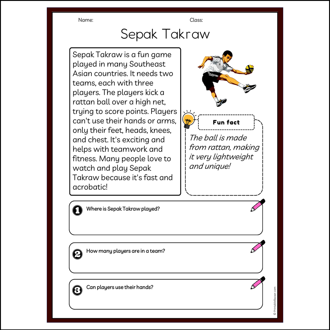 Sepak Takraw | Reading Passage Comprehension Questions Writing Facts Worksheet