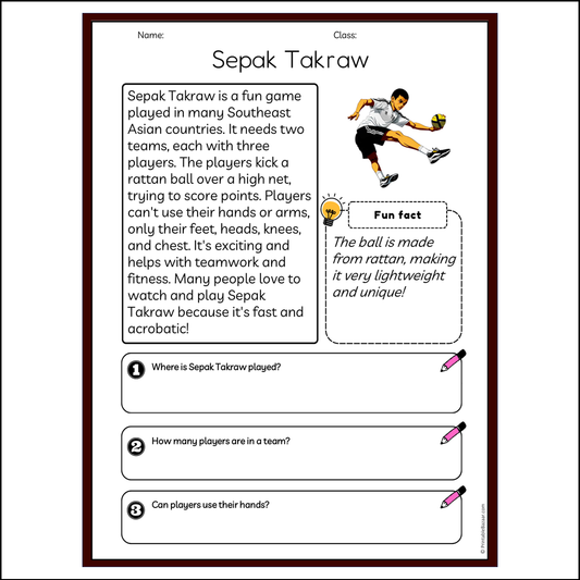 Sepak Takraw | Reading Passage Comprehension Questions Writing Facts Worksheet