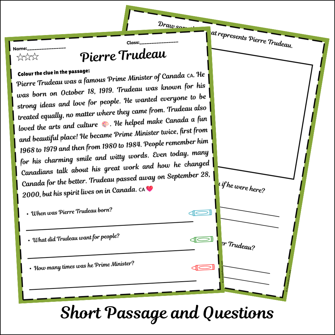 Pierre Trudeau | Short Reading Comprehension Creative Worksheet