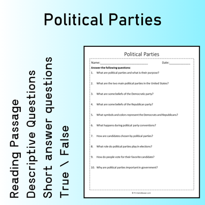 Political Parties | Reading Comprehension Passage Printable Worksheet