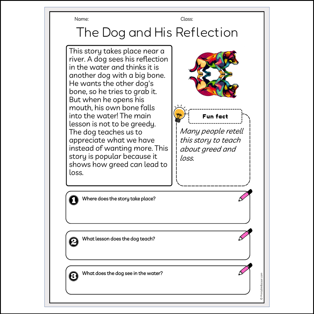 The Dog and His Reflection | Reading Passage Comprehension Questions Writing Facts Worksheet