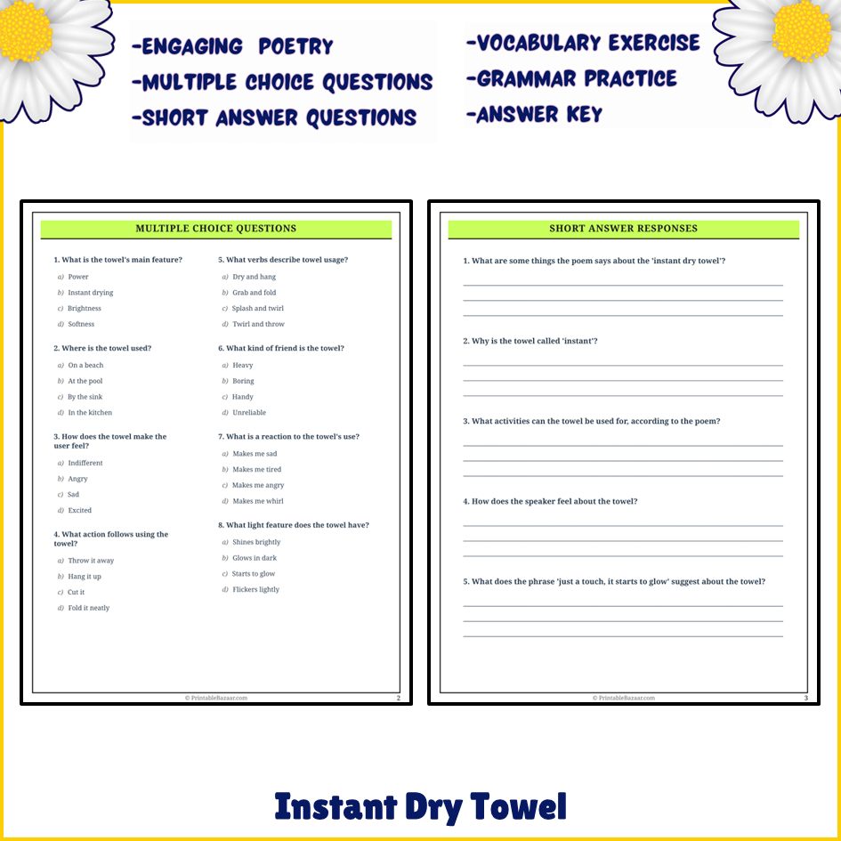 Instant Dry Towel | Poem Grammar Worksheet Printable Activity