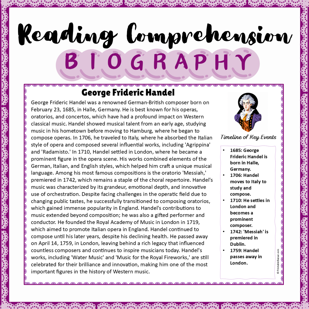 George Frideric Handel | Biography Reading Comprehension and Questions Worksheet