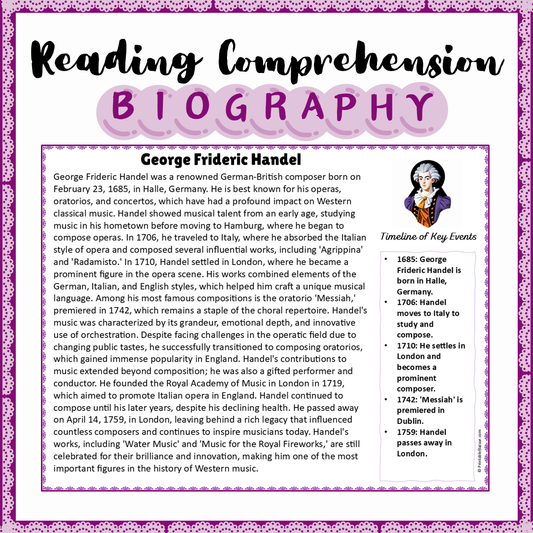 George Frideric Handel | Biography Reading Comprehension and Questions Worksheet