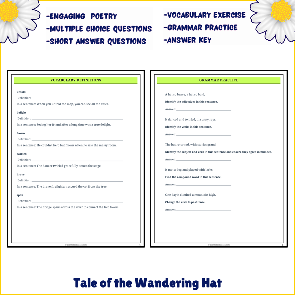 Tale of the Wandering Hat | Poem Grammar Worksheet Printable Activity