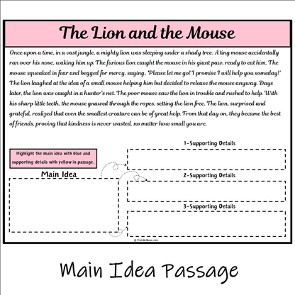 The Lion and the Mouse | Main Idea and Supporting Details Reading Passage and Questions