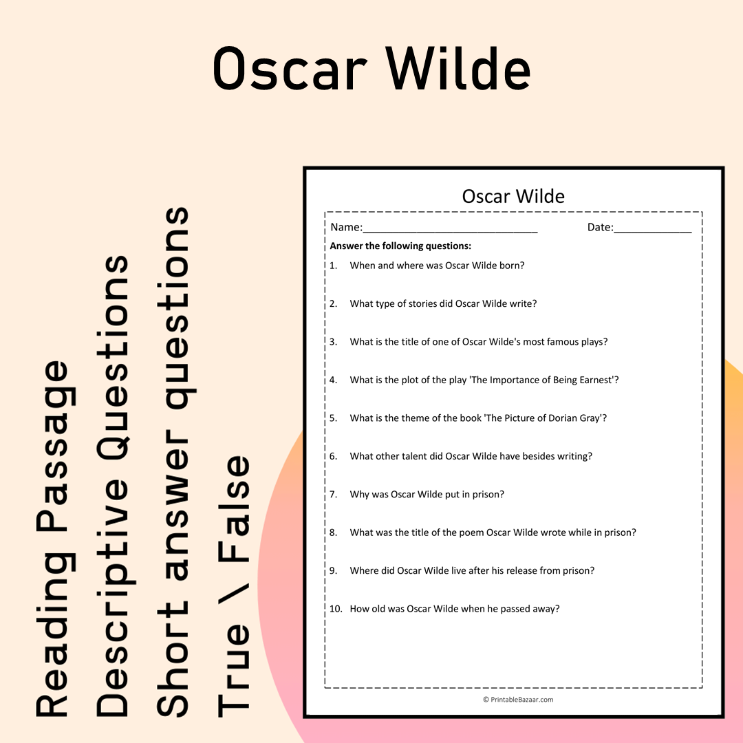 Oscar Wilde | Reading Comprehension Passage Printable Activity