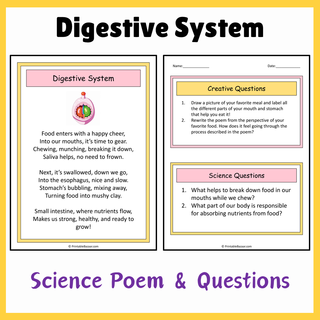 Digestive System | Science Poem Reading Comprehension Activity