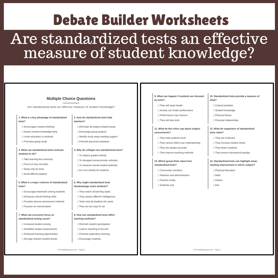 Are standardized tests an effective measure of student knowledge? | Favour and Against Worksheet Printable Activity
