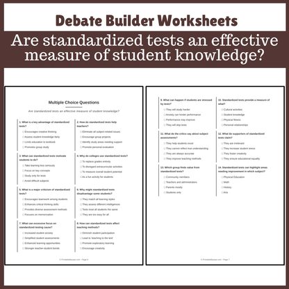 Are standardized tests an effective measure of student knowledge? | Favour and Against Worksheet Printable Activity