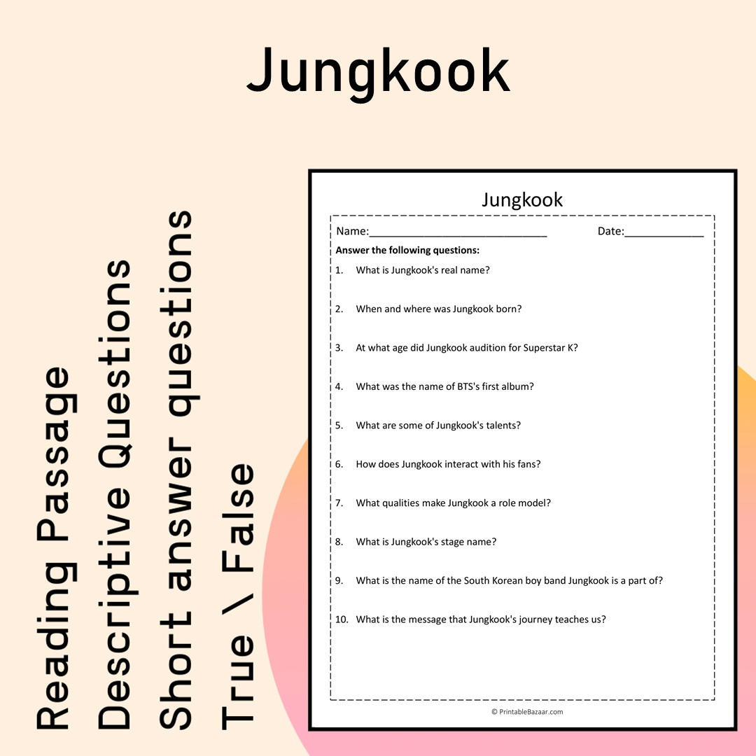 Jungkook | Reading Comprehension Passage Printable Activity