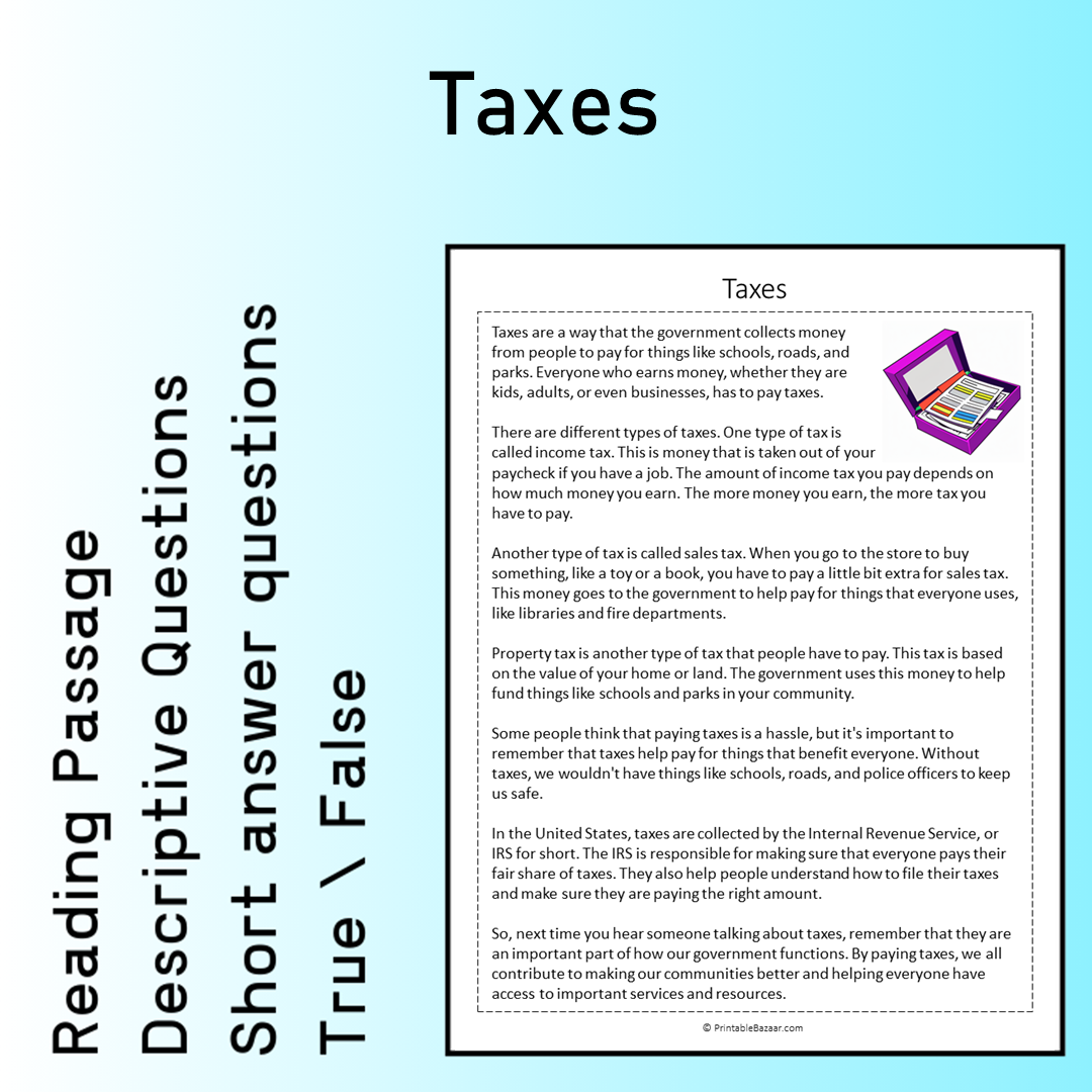 Taxes | Reading Comprehension Passage Printable Worksheet