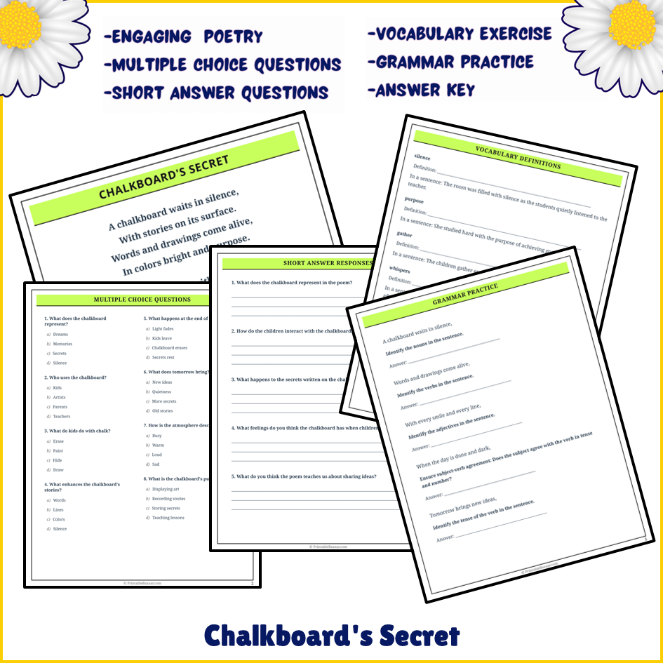 Chalkboard's Secret | Poem Grammar Worksheet Printable Activity