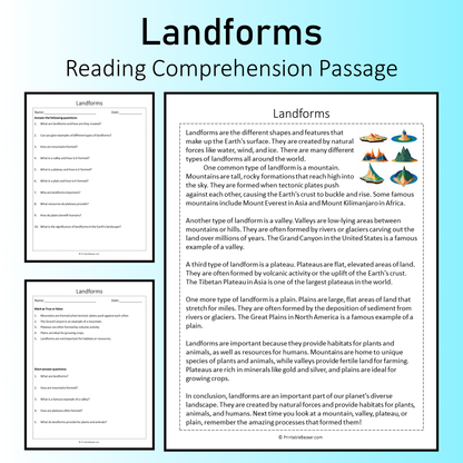 Landforms | Reading Comprehension Passage Printable Worksheet