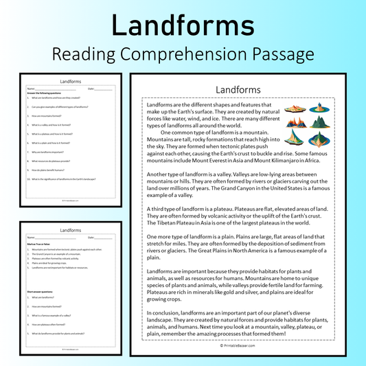 Landforms | Reading Comprehension Passage Printable Worksheet