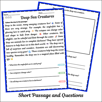 Deep Sea Creatures | Short Reading Comprehension Creative Worksheet