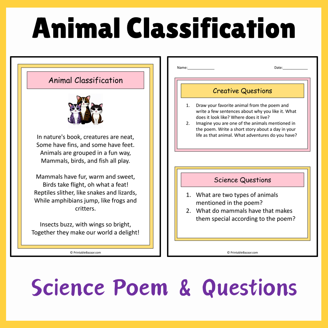 Animal Classification | Science Poem Reading Comprehension Activity