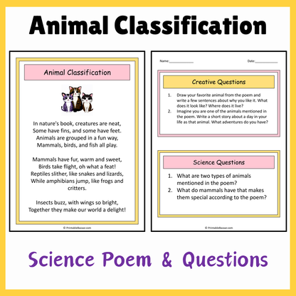 Animal Classification | Science Poem Reading Comprehension Activity