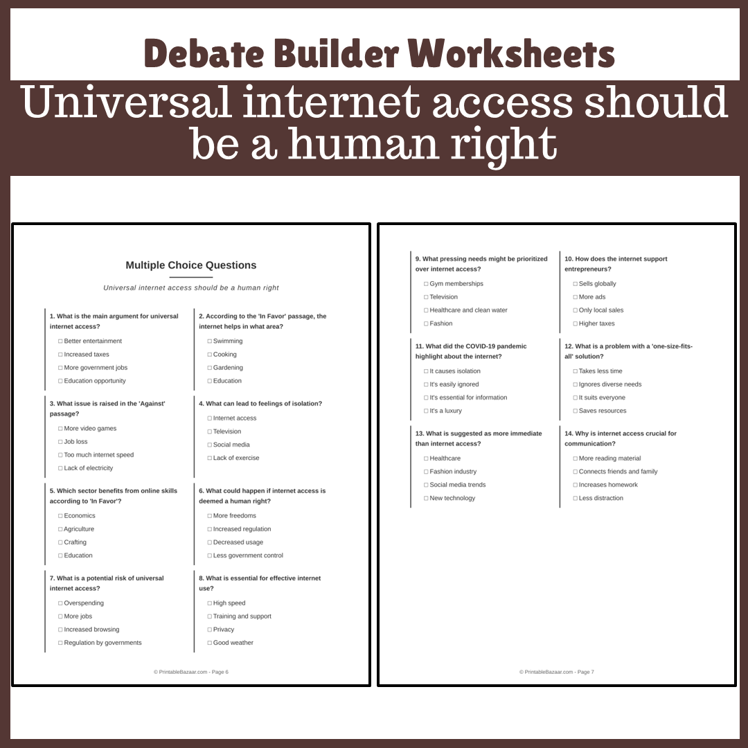 Universal internet access should be a human right | Favour and Against Worksheet Printable Activity